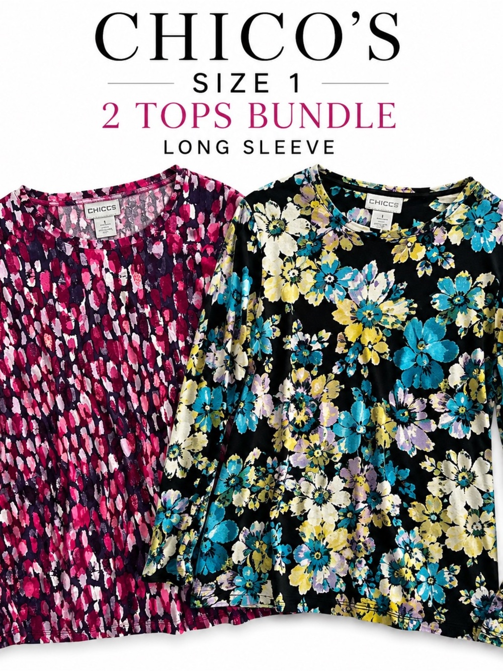 Chico's Size 1 Long Sleeve Tops Bundle - Pink Multi & Black Floral Teal